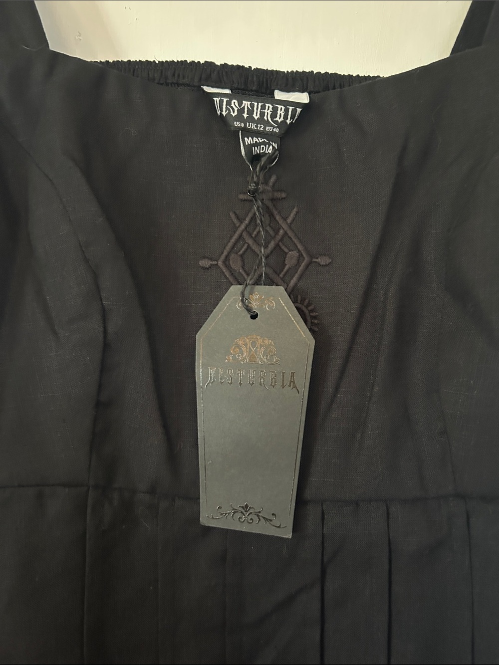 Disturbia NWT black linen blend dress Viking embroidery as-is read description - Picture 3 of 10
